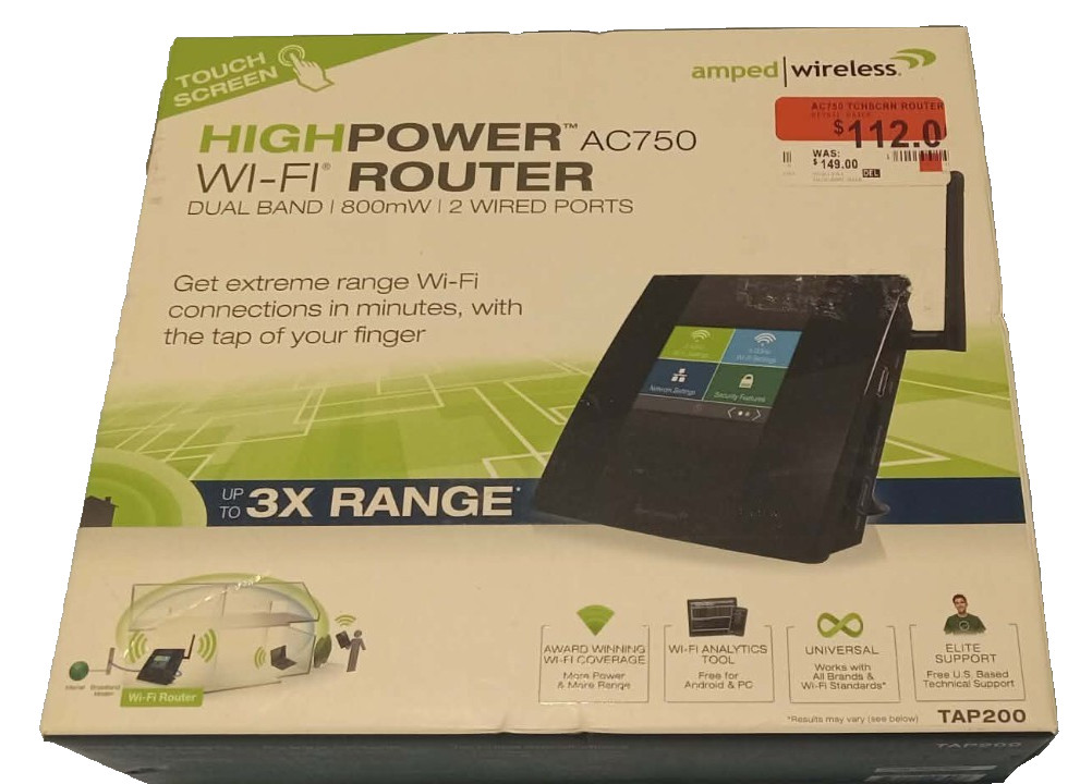 Amped Wireless High Power Touch Screen AC750 Wi-Fi Router 3X Range