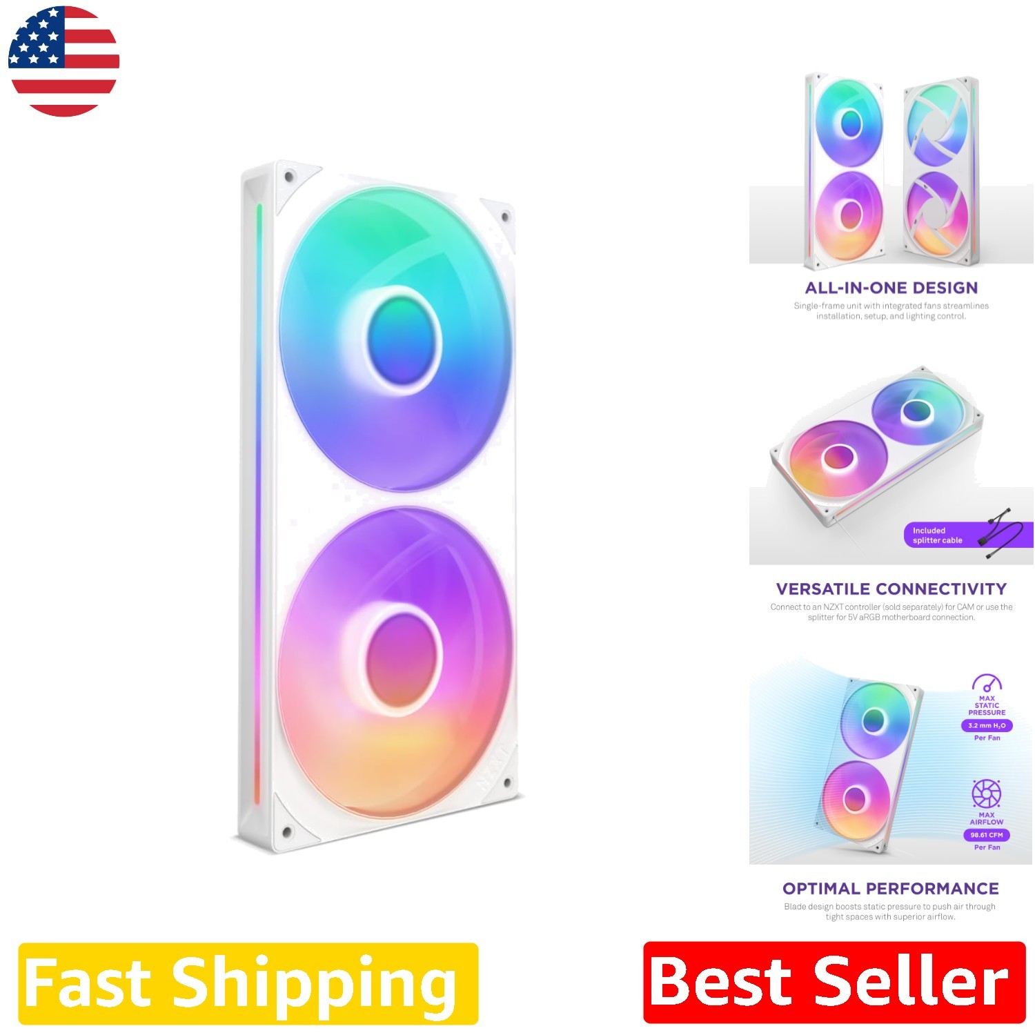 White 280mm RGB Fan Unit - All-in-One 140mm RGB Fans - Speed & Lighting Contr...