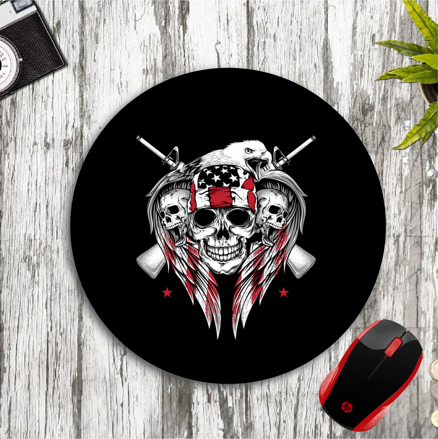 PATRIOTIC SKULLS AMERICAN FLAG EAGLE GUNS CUSTOM NEOPRENE MOUSE PAD DESK MAT