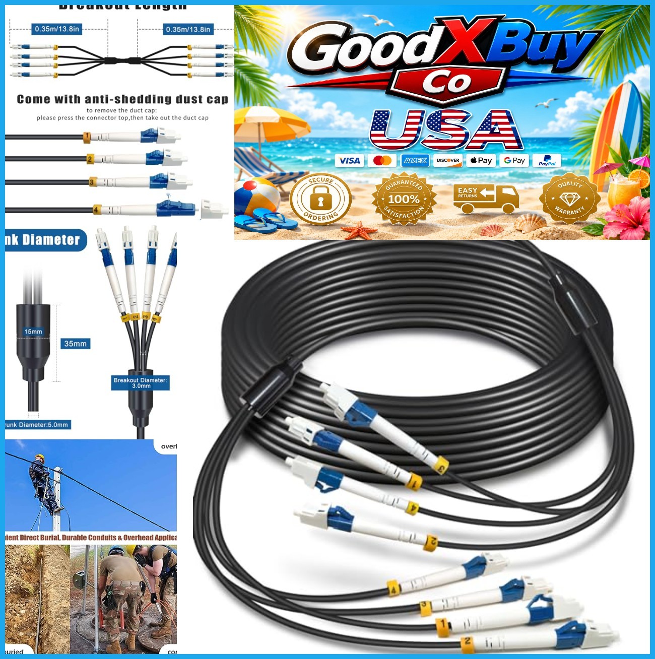 30m 4 Core Single Mode LC to LC Armored Fiber Optic Cable TPU Outdoor Black