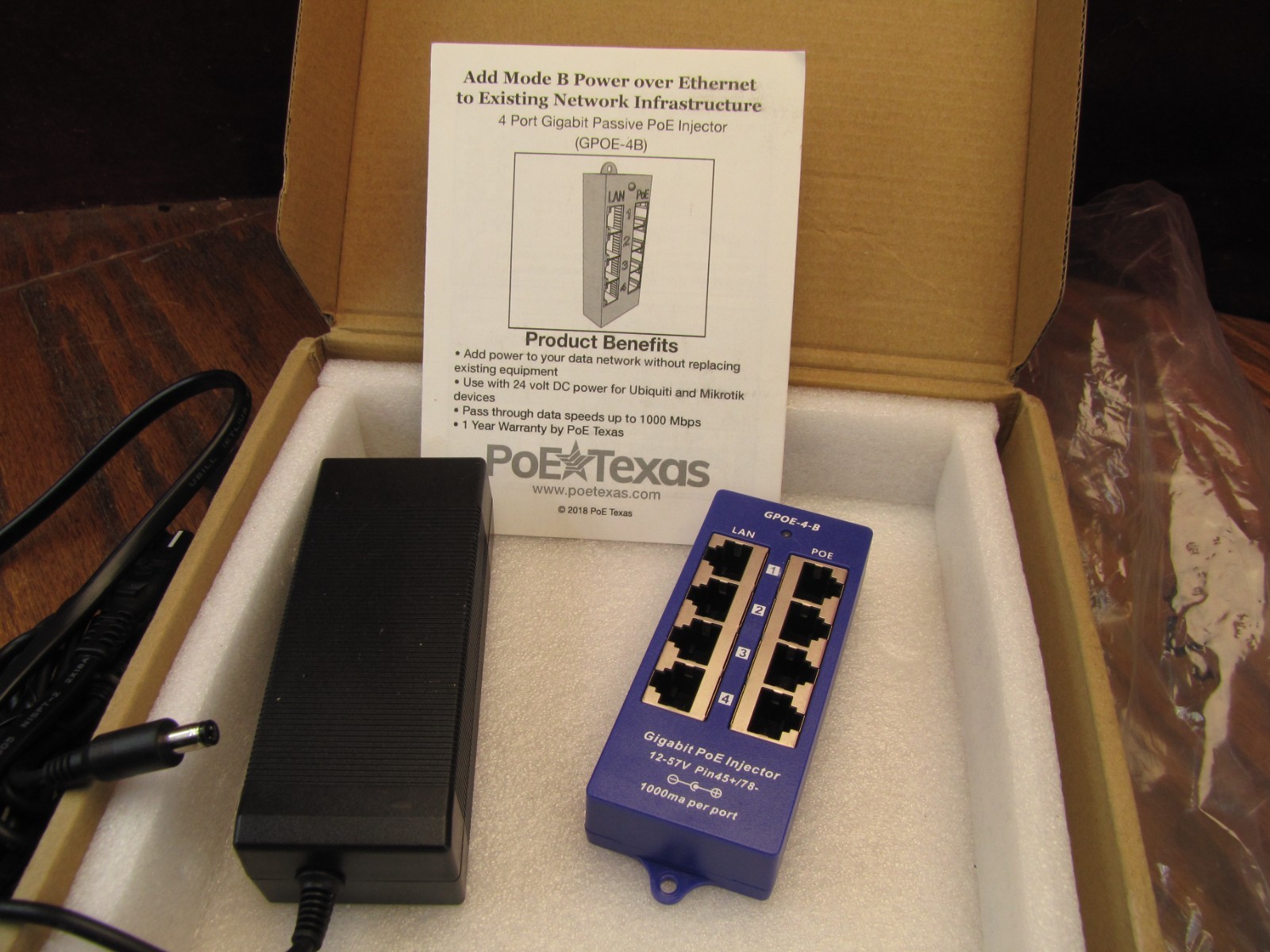 PoE Texas GPOE-4B-24V30W Gigabit 4-Port Mode B PoE Injector w/ 24V 30W PS