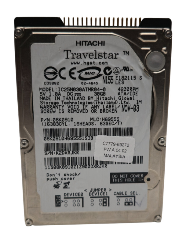 Hitachi IC25N030ATMR04-0 30GB 4200RPM P/N: 08K0850 MLC:H69421 DOM SEP03 Thailand