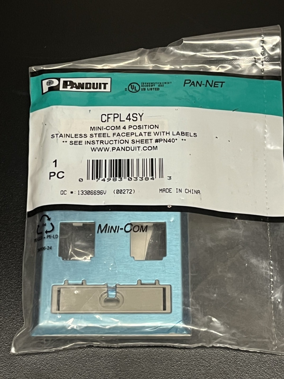 Panduit Single Gang Mini-COM 4-Port Faceplate, Stainless Steel - CFPL4SY
