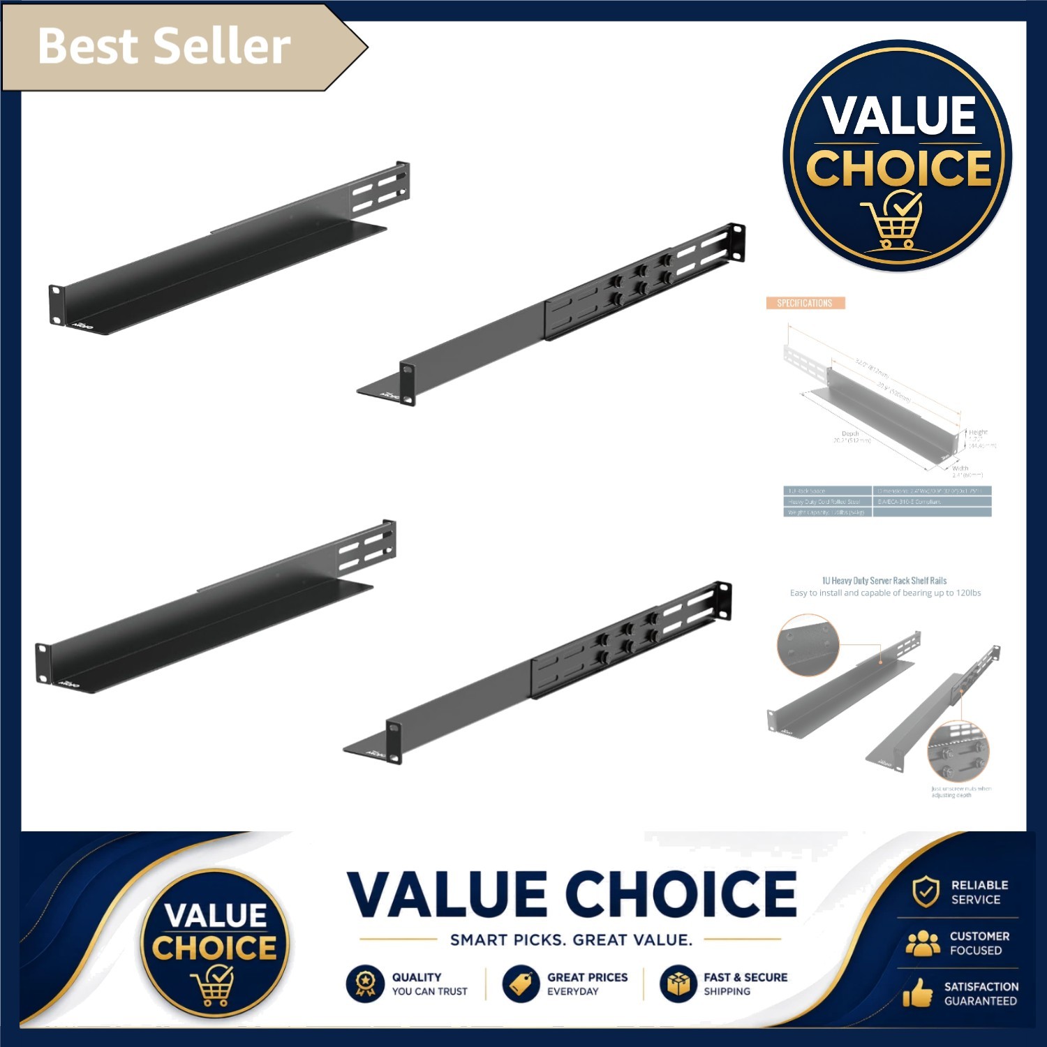 Versatile 1U Rack Mount Rails - Fits Non-Rack Equipment with Adjustable Depth