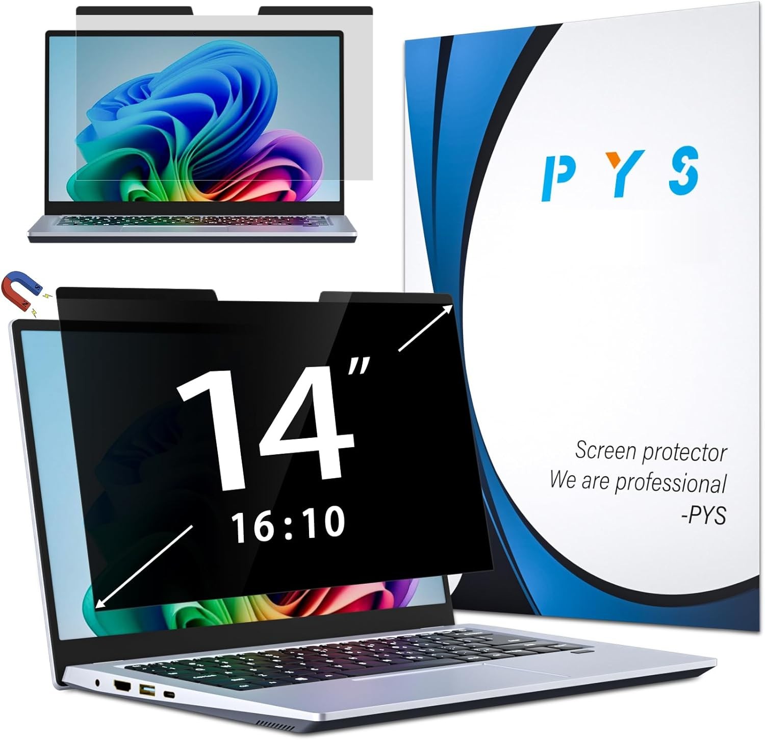 Magnetic Privacy Screen for 14" Laptops, Anti-Glare Blue Light Filter, PYS Black