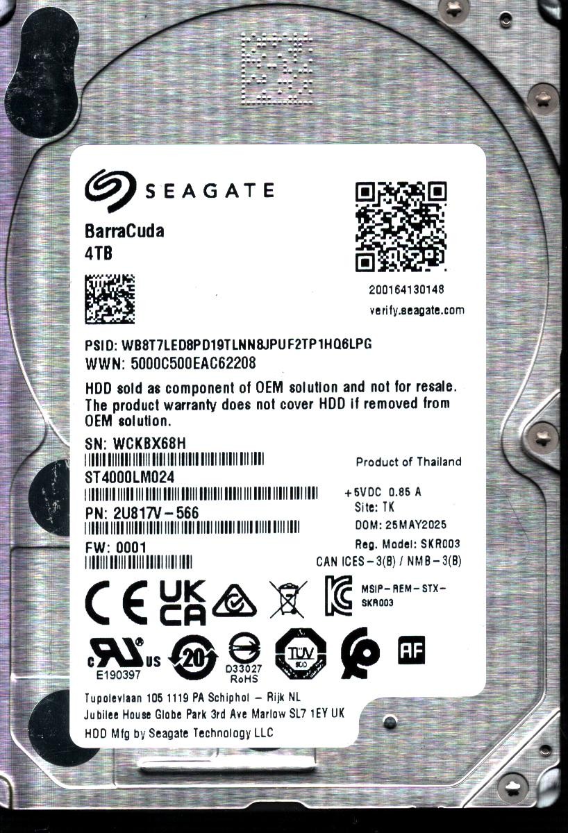 ST4000LM024 P/N: 2U817V-566 F/W: 0001 S/N: WCKBX 4TB MAY 2025 THAILAND SEAGATE