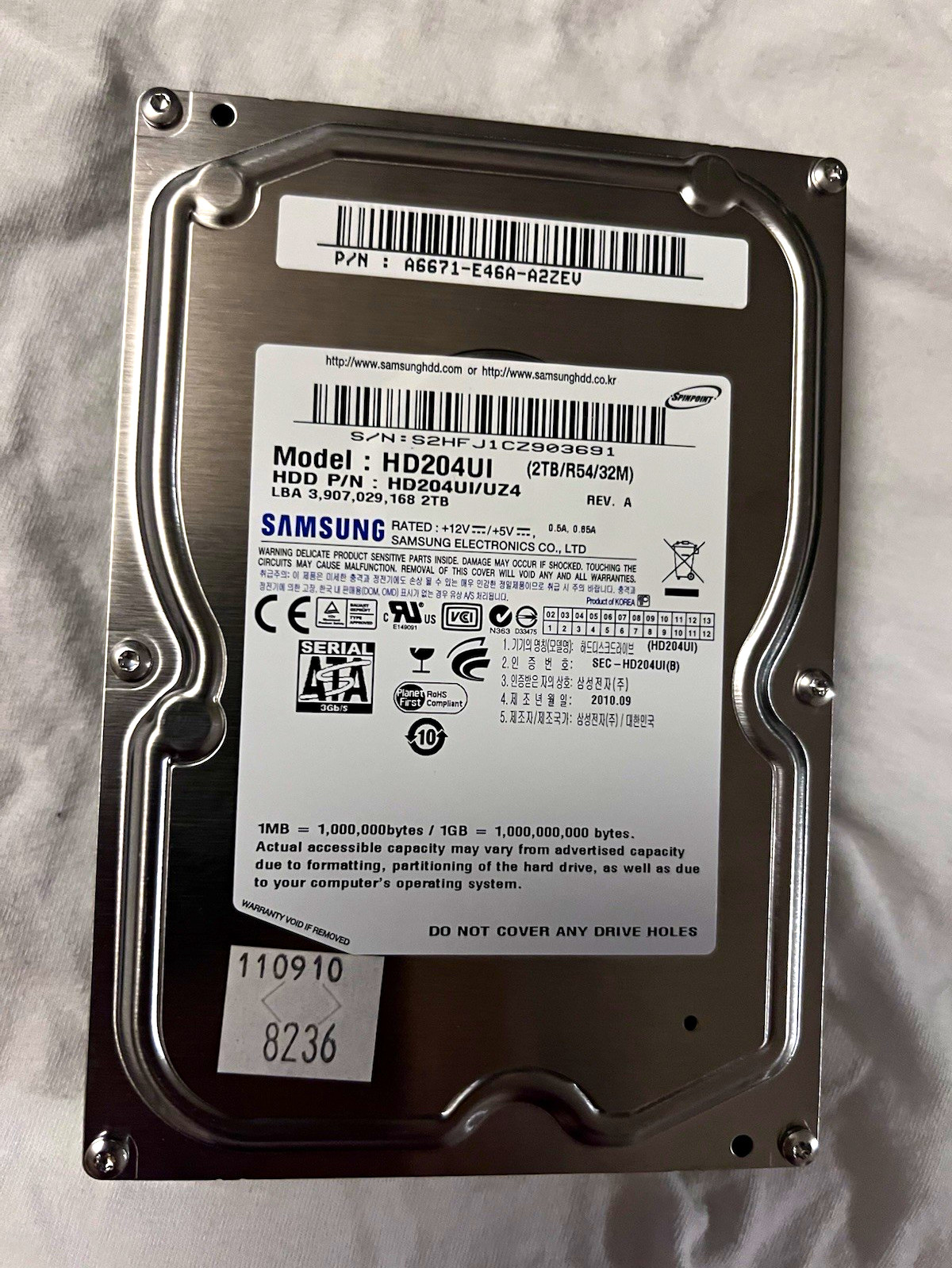 Samsung Spinpoint HD204UI 2TB 3.5in SATA II 5400RPM 32MB Hot Swap HDD(READ)