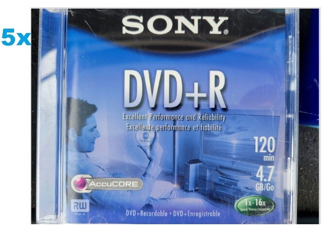 Lot 5x Sony DVD+R 120 Min 4.7GB Recordable Blank Media Discs new open 16x speed