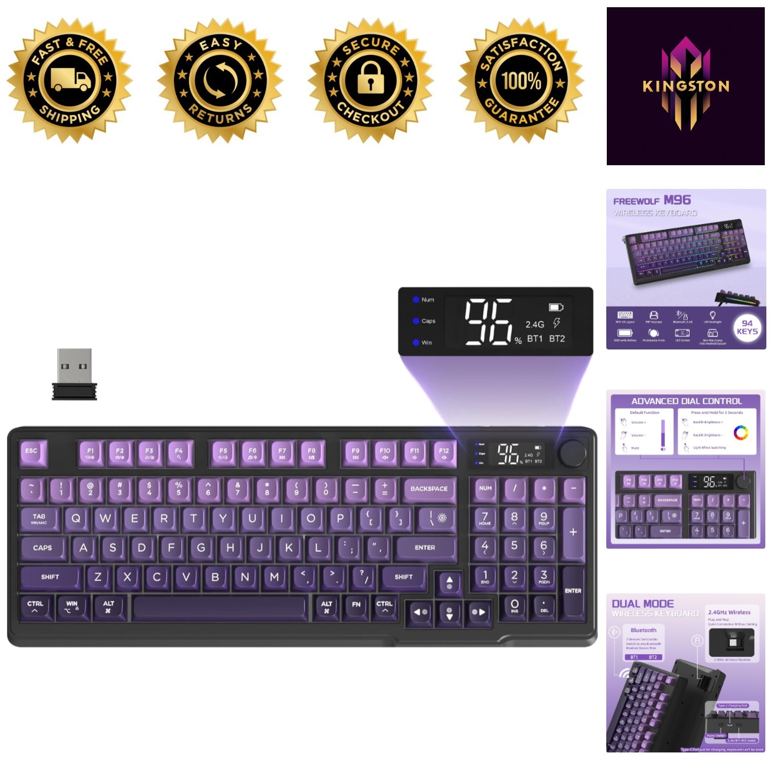 M96 RGB Wireless Gaming Keyboard - 94 Keys, Rechargeable & Colorful PBT Caps