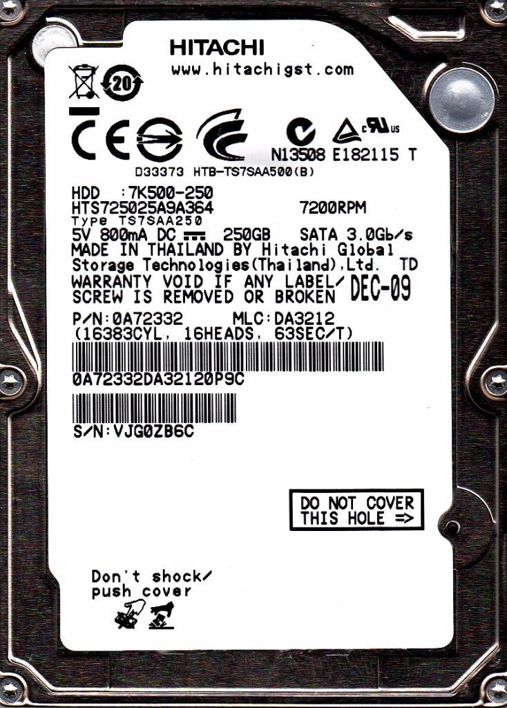 Hitachi HTS725025A9A364 MLC: DA3212 P/N: 0A72332 250GB SATA A21-09