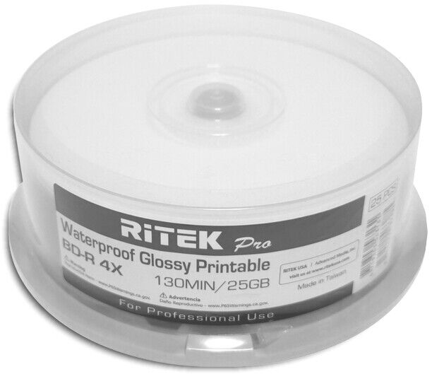 100-Pak RITEK PRO Waterproof GLOSSY White Inkjet Hub 25GB 4X Blu-ray BD-R’s