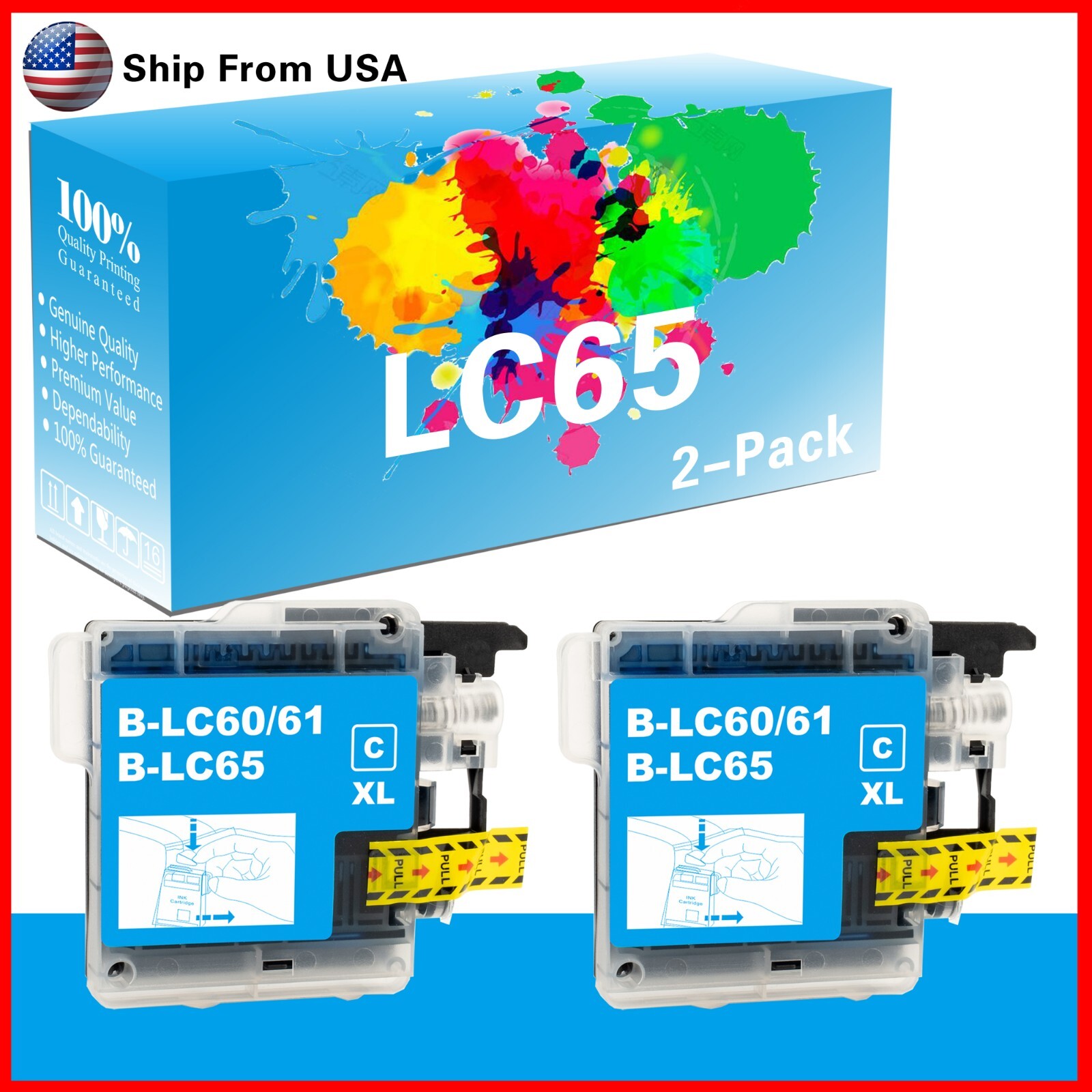 2PK LC65 LC65-XL Ink Cartridge for MFC-J265W Printer
