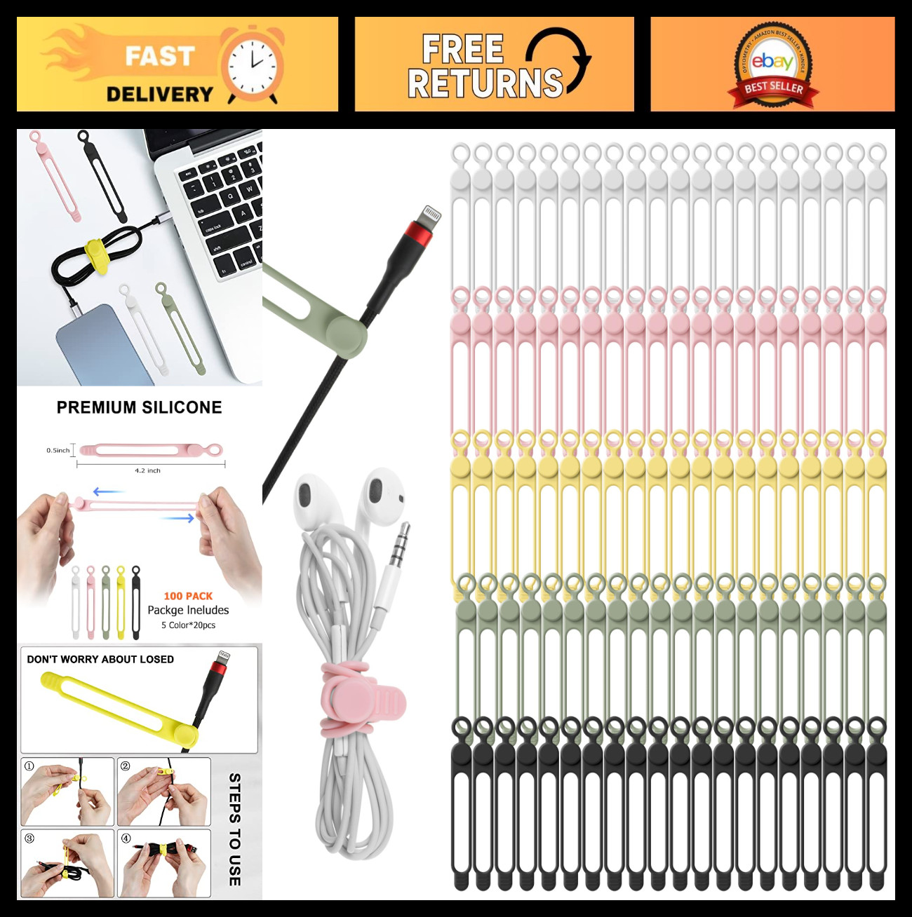 100Pcs Silicone Cable Ties - Reusable Cord Organizer for Earphones, Chargers & C