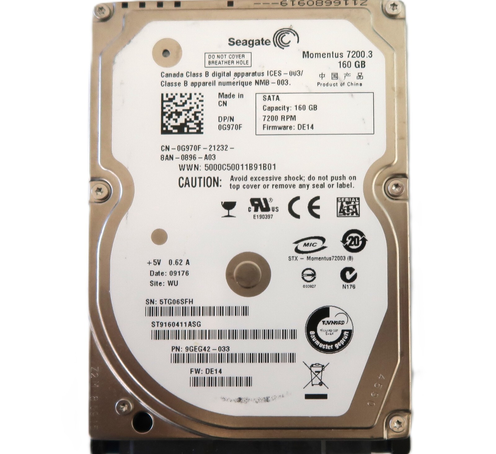 Seagate ST9160411ASG 9GEG42-033 DE14 (5TG) WU China 160gb 2.5" Sata 10/2008