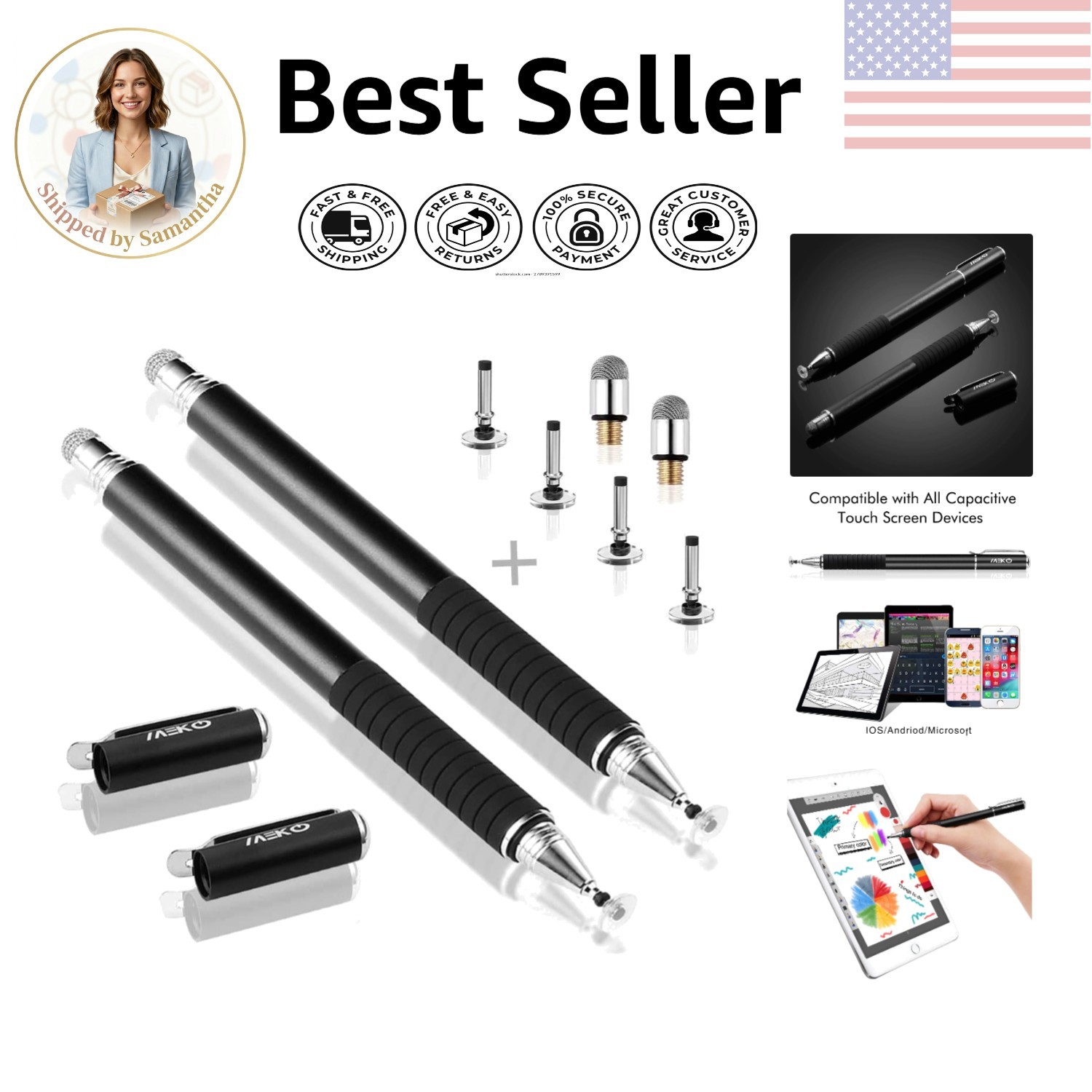2-in-1 Universal Stylus for Touch Screens - Precision Disc & Fiber Tips - Black