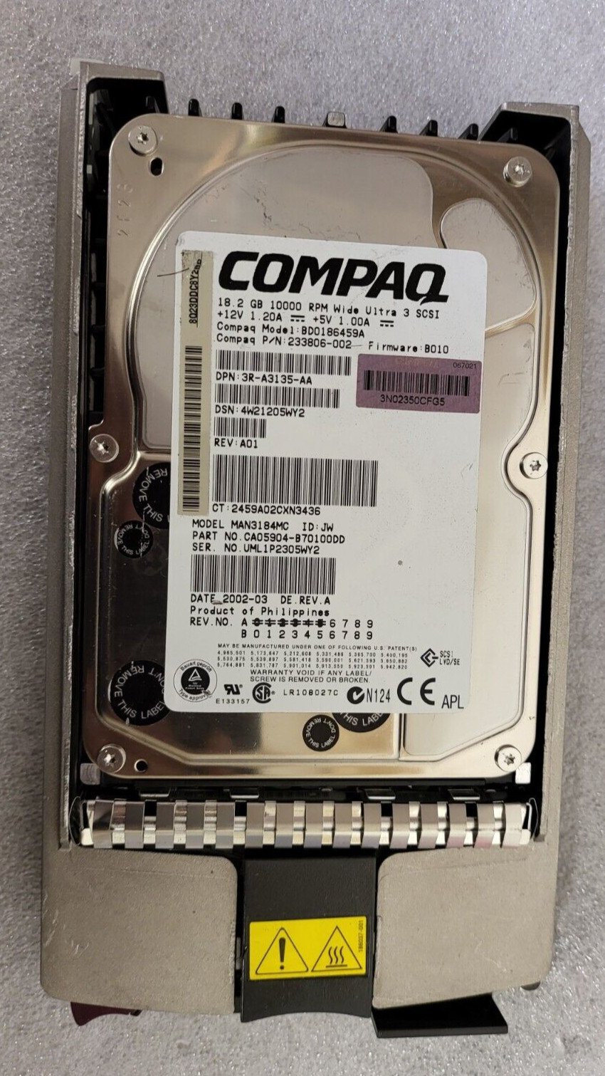 COMPAQ BD0186459A 18.2GB Wide Ultra3 SCSI HDD With TRAY TESTED US SELLER