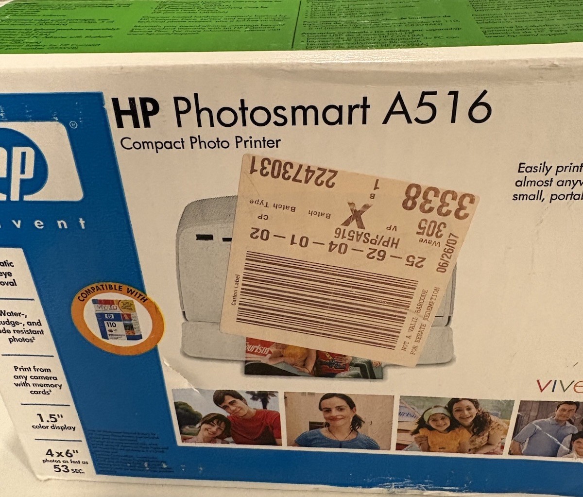 HP Photosmart A516 Compact Photo Printer New Open Box - NO INK Included