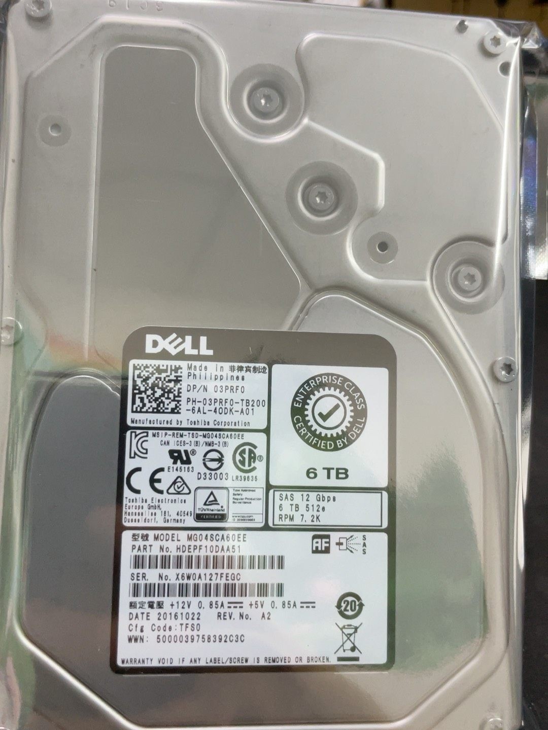 New Dell 03PRF0 MG04SCA60EE 6TB 7.2K 12Gb/s 3.5 SAS Enterprise Server Hard Drive