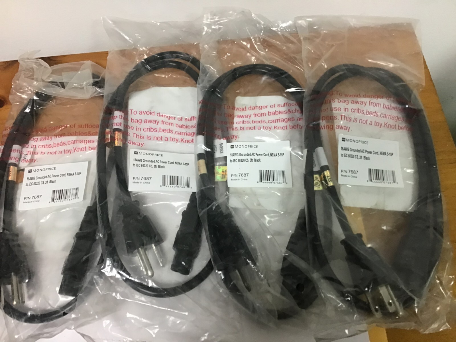Qty (4) Monoprice 7687 Power Cords, NEMA 5-15P to IEC 60320, 18AWG, 10A/1250, 3'