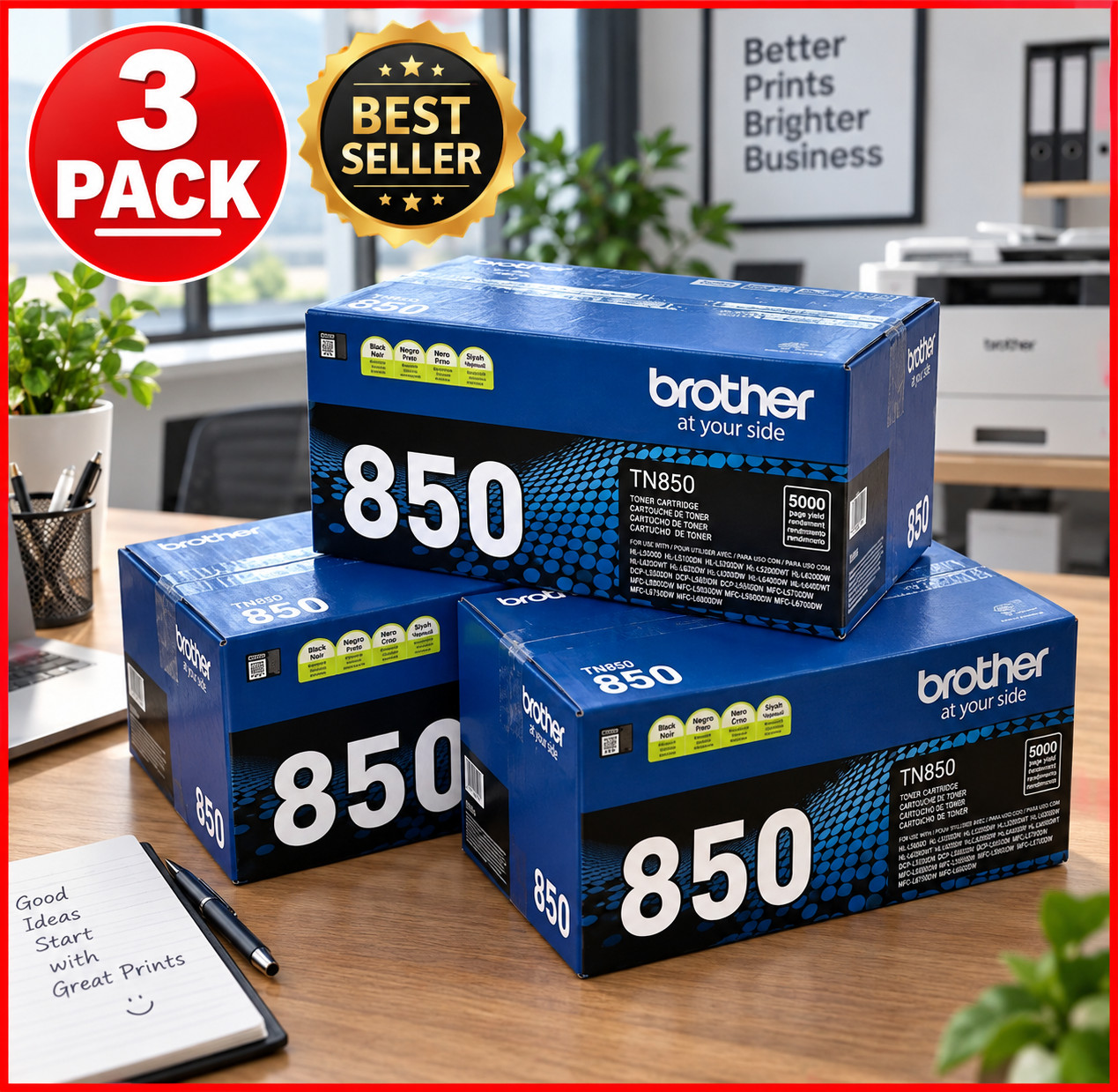 ✅ Original / New Brother TN850 Black High Yield Toner Cartridges - 3 PACK