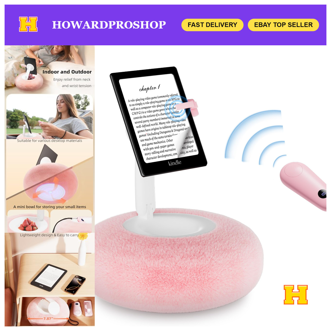Magnetic Kindle Holder with Page Turner & Pillow Stand, Storage Bowl - Pink