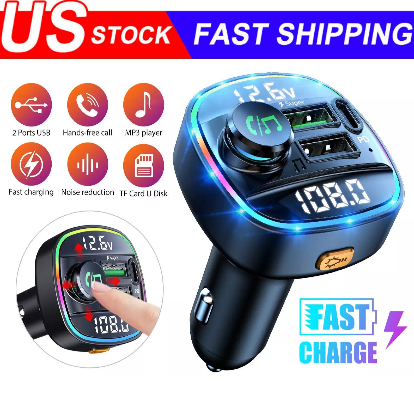 Bluetooth 5.0 Car Wireless FM Transmitter Adapter USB PD Charger AUX Hands LOT