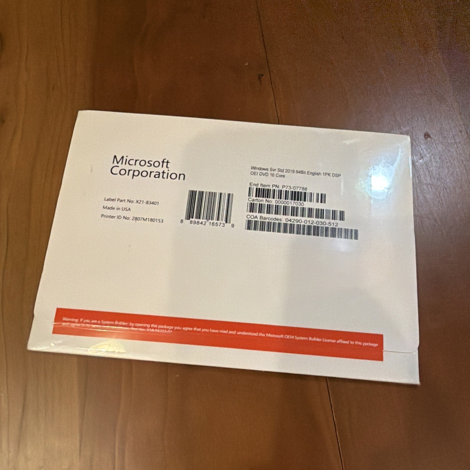 WINDOWS SVR Server Standard STD 2019 64BIT 1PK DSP OEI DVD 16 CORE Sealed