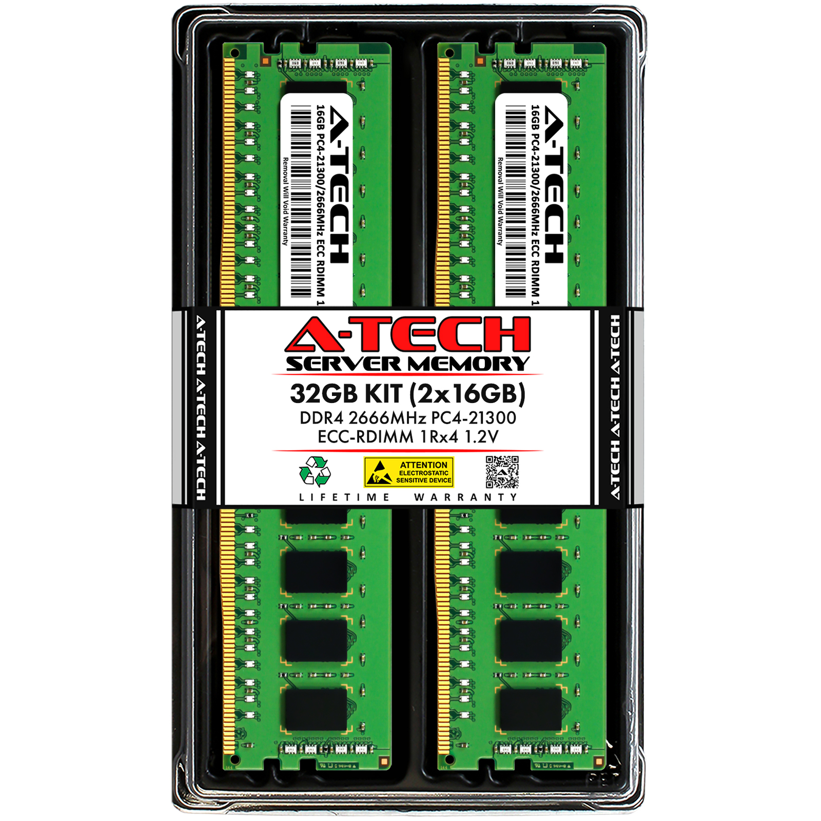 A-Tech 32GB 2x 16GB 1Rx4 PC4-21300R DDR4 2666MHz ECC REG RDIMM Server Memory RAM