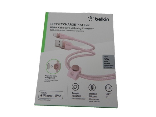 Belkin Boost Charge Pro Flex USB-C Lightning Connector Cable + Strap, Pink Open