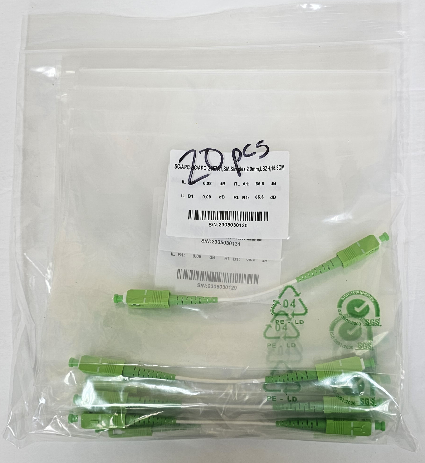 20 Pack - SC/APC Singlemode 9/125 2mm White Jumpers 6 Inch Length
