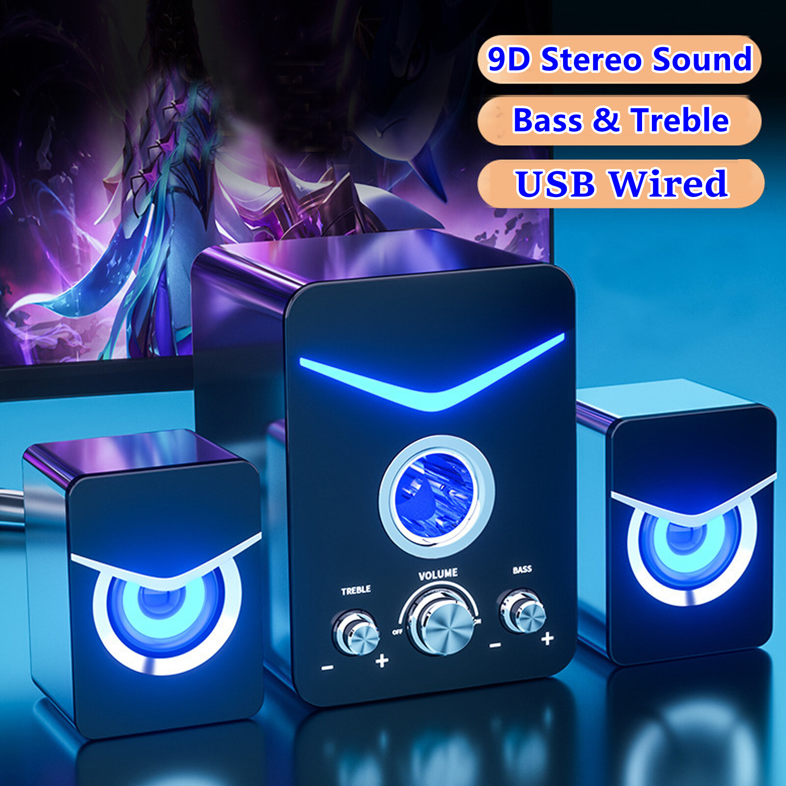 USB Computer Speakers System Stereo Bass Subwoofer LED For Desktop Laptop TV PC