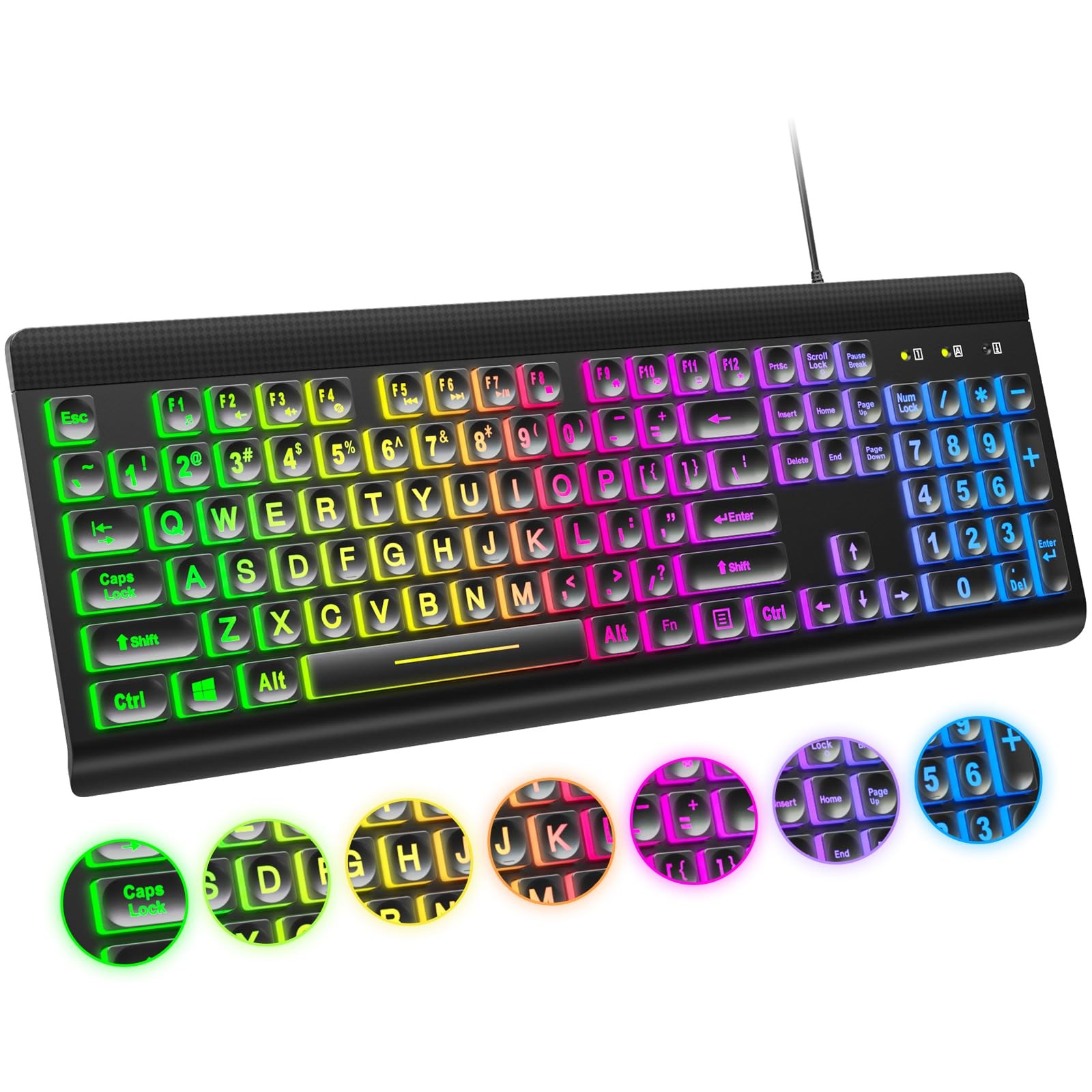 Large Print Backlit Keyboard, USB Wired Computer Keyboard,Rainbow LED Backlight