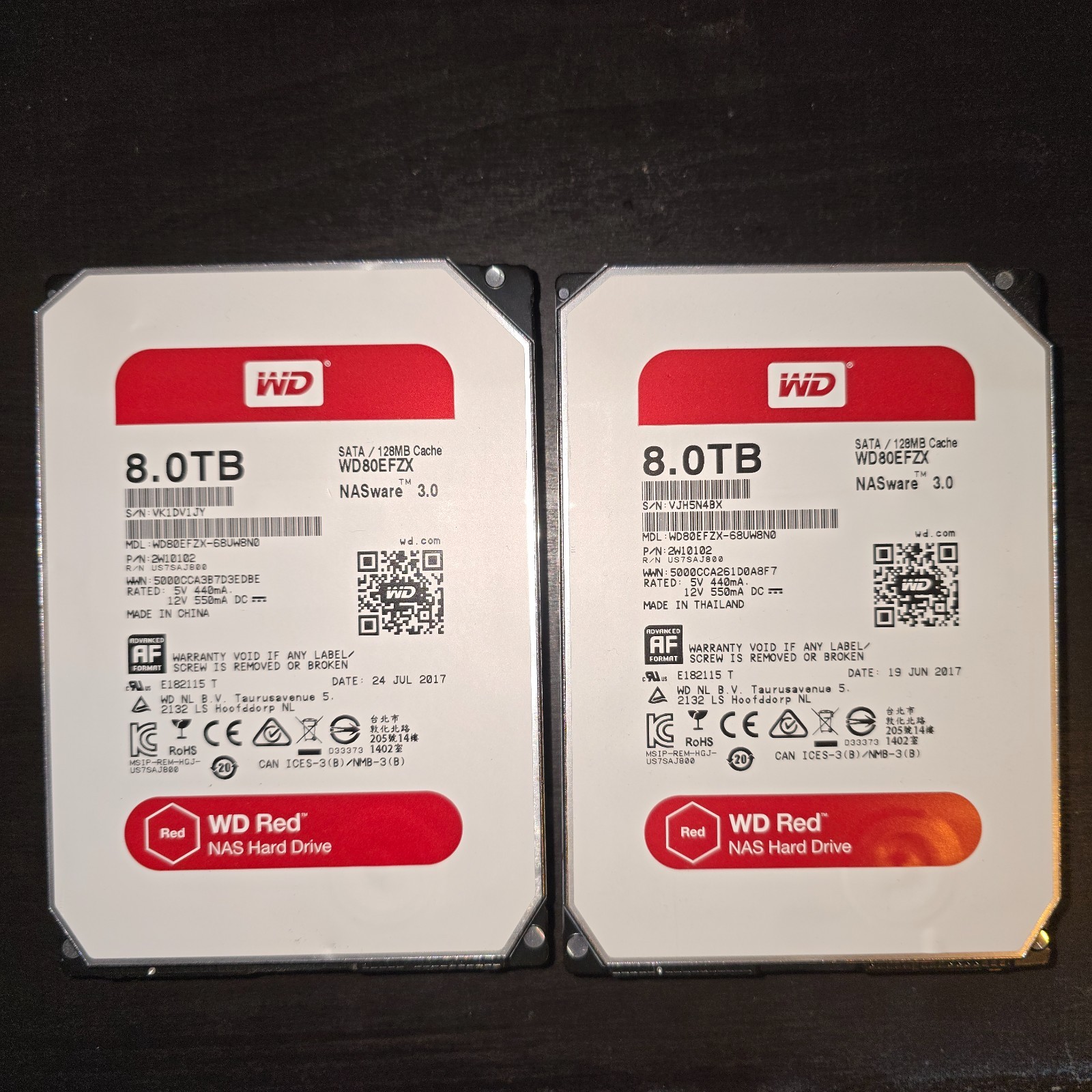 Lot of 2, WD Red 8TB Hard Drives, WD80EFZX x2, Western Digital NAS Hard Drives