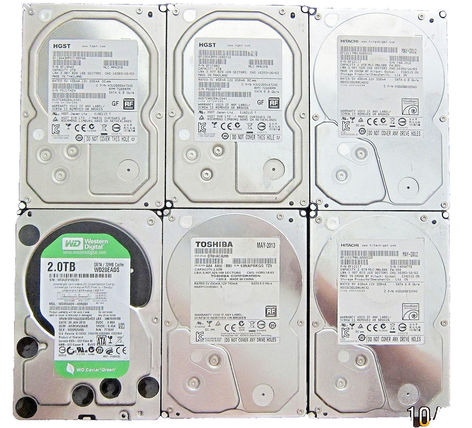 Lot of 6pcs Genuine HGST, Hitachi, Toshiba and WD 2TB 3.5" SATA Hard Drives