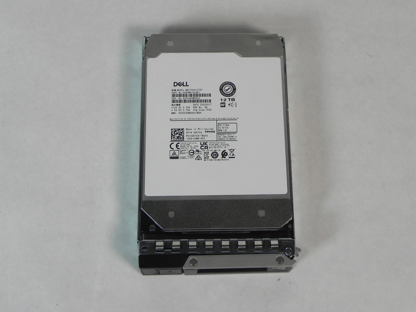 DK7C9 0DK7C9 MG07SCA12TEY DELL 12TB 7.2K 12G 3.5" SAS 512E HARD DRIVE W/G14 TRAY