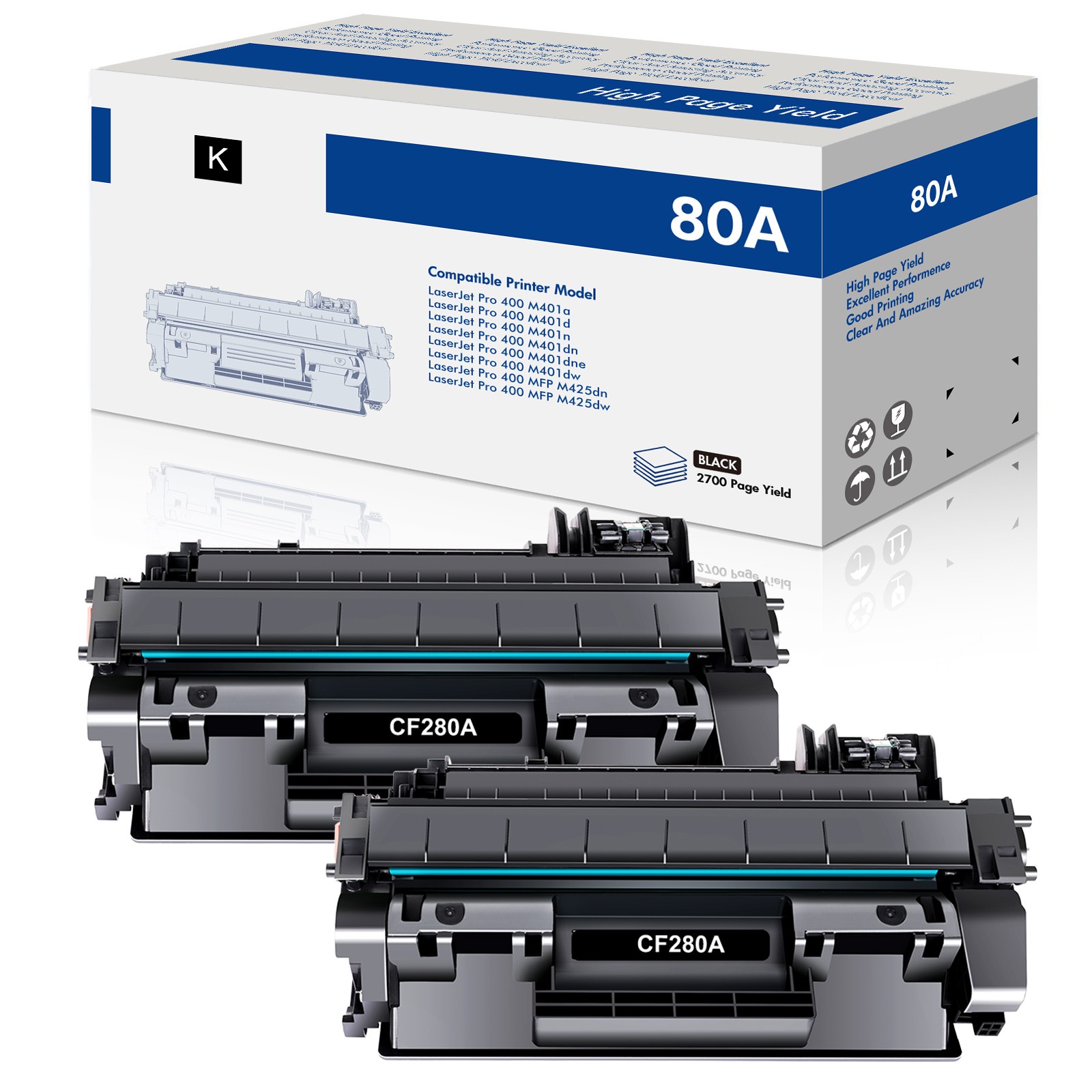 2PK CF280A 80A Toner For HP LaserJet Pro 400 M401d M401dw M401dne MFP M425dn