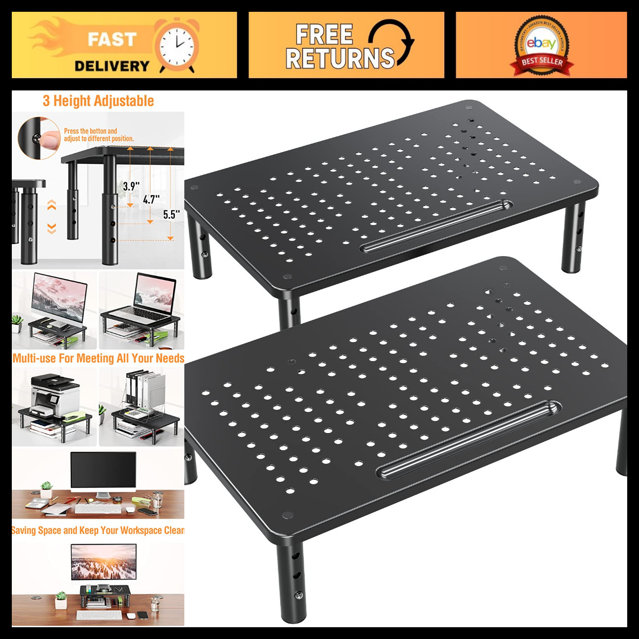 2 Pack Adjustable Monitor Stand Riser - 3 Height Levels for Ergonomic Viewing