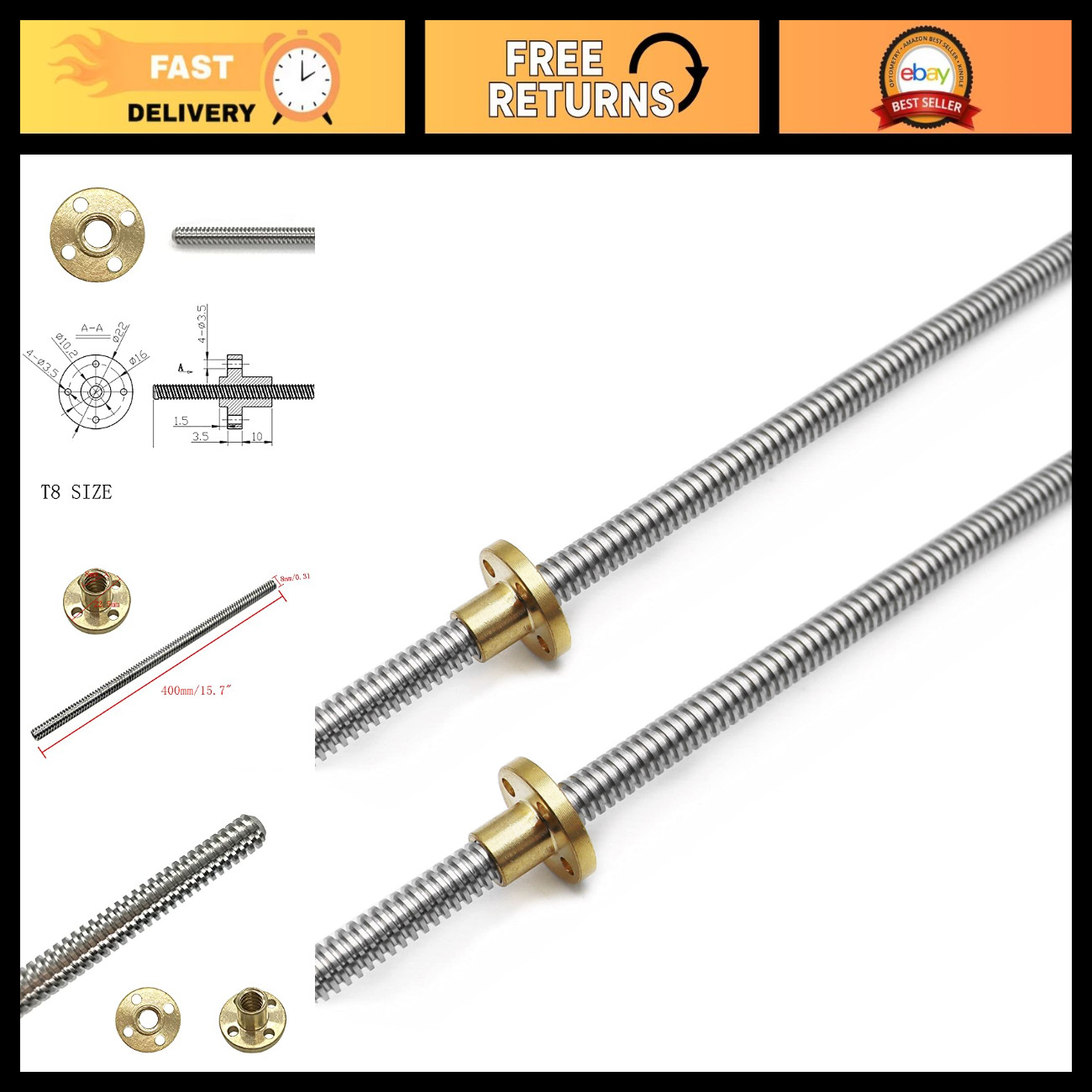 2pcs 400mm TR8x2 Lead Screw & T8 Brass Nut for 3D Printer Z Axis - Acme Thread