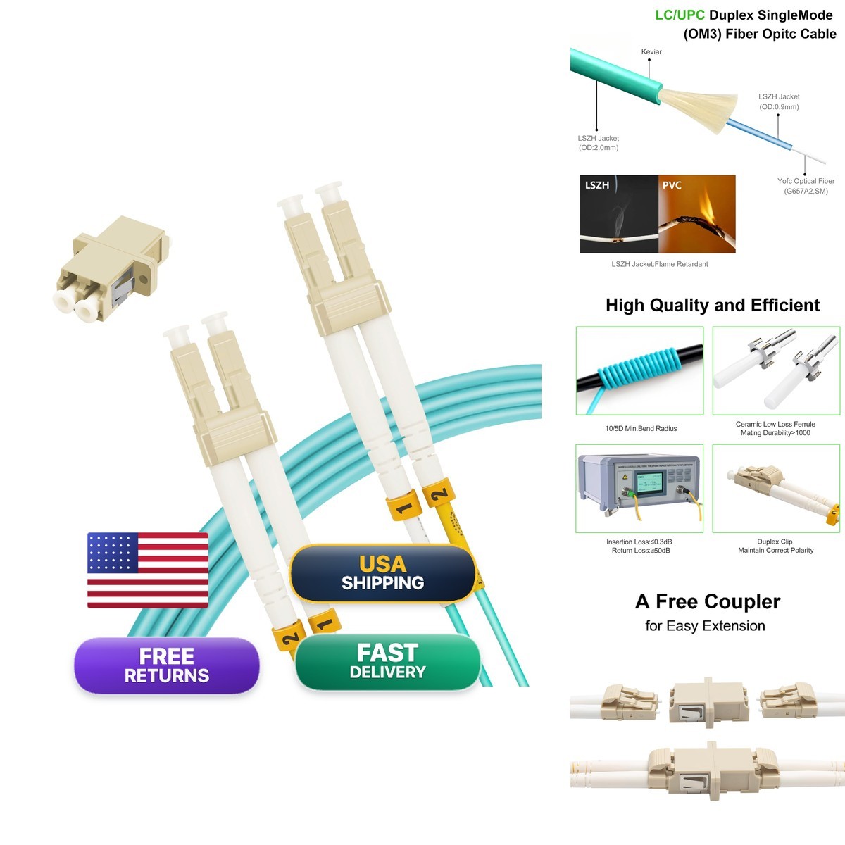 LUWWZLX 50M LC to LC OM3 50/125µm Fiber Optic Cable 10G/40G LSZH with LC Coupler