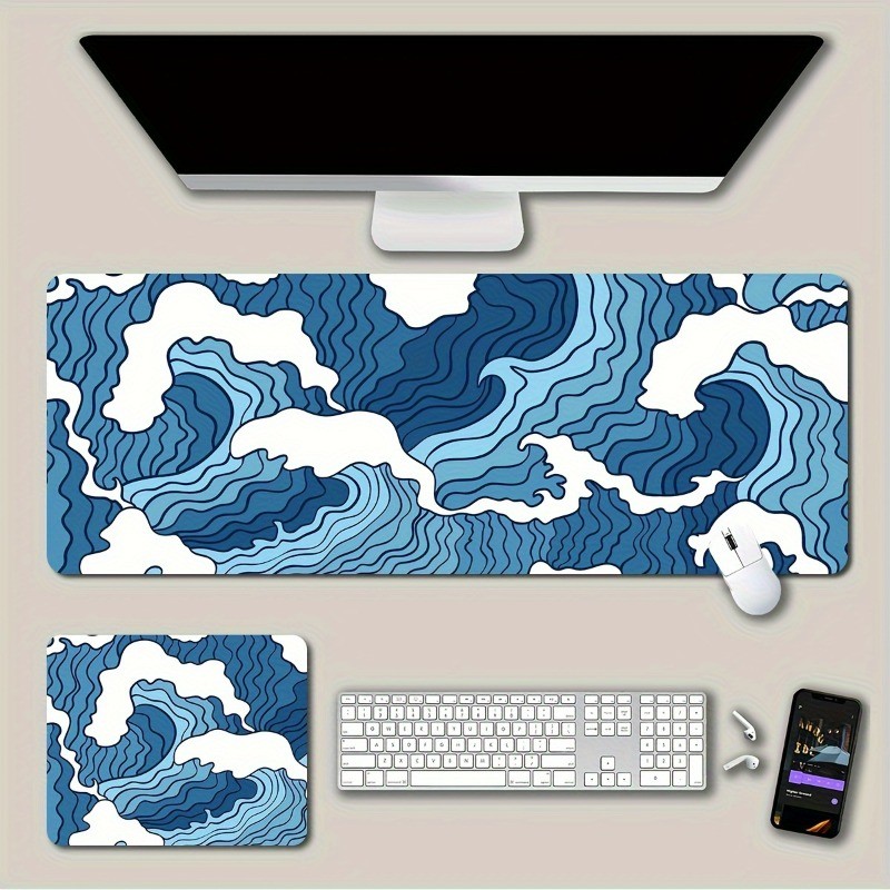 Ocean Ripple Desk Mat: Blue & White Wave Mouse Pad for Gaming Rooms Home Office