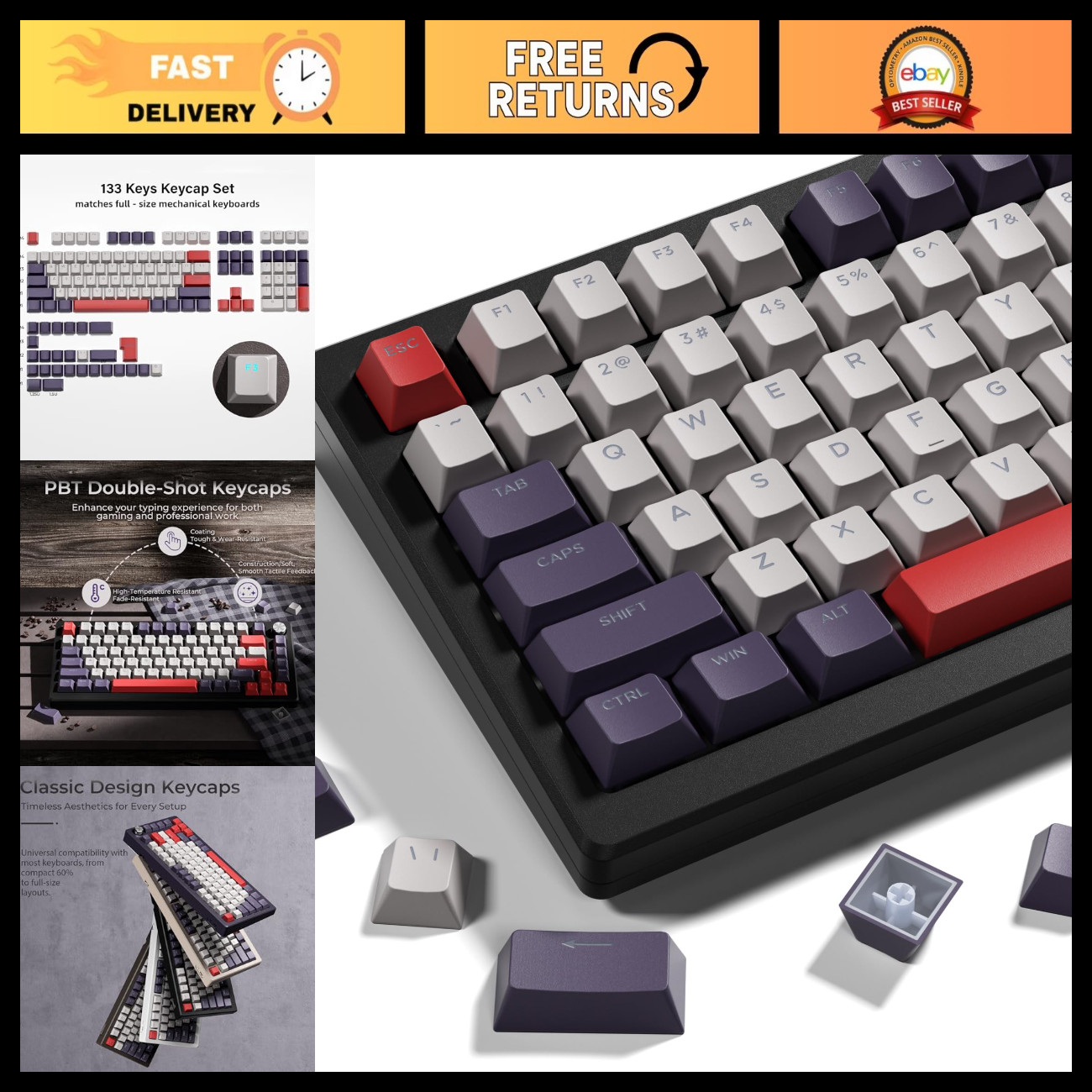 133 Key Retro Gaming Keycaps - Cherry Profile Double Shot PBT for 60%/75%/100% K