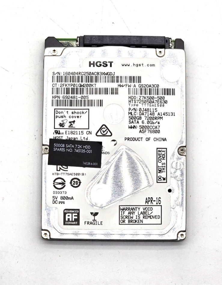 HGST Travelstar 500GB 2.5 SATA 6Gb/s 7200RPM HDD HTS725050A7E630 0J48115 Tested