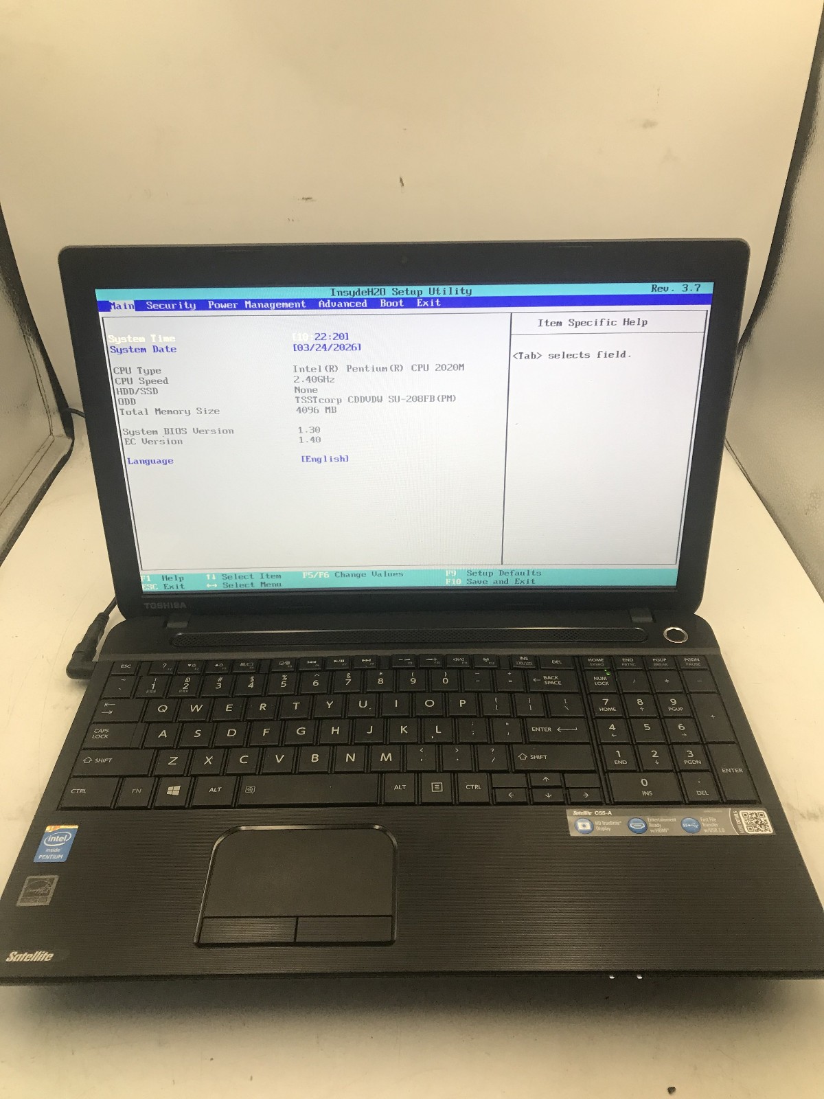 TOSHIBA SATELLITE C55 S5281 - BOOTS TO BIOS - INTEL PENTIUM - 4GB RAM - READ -BB