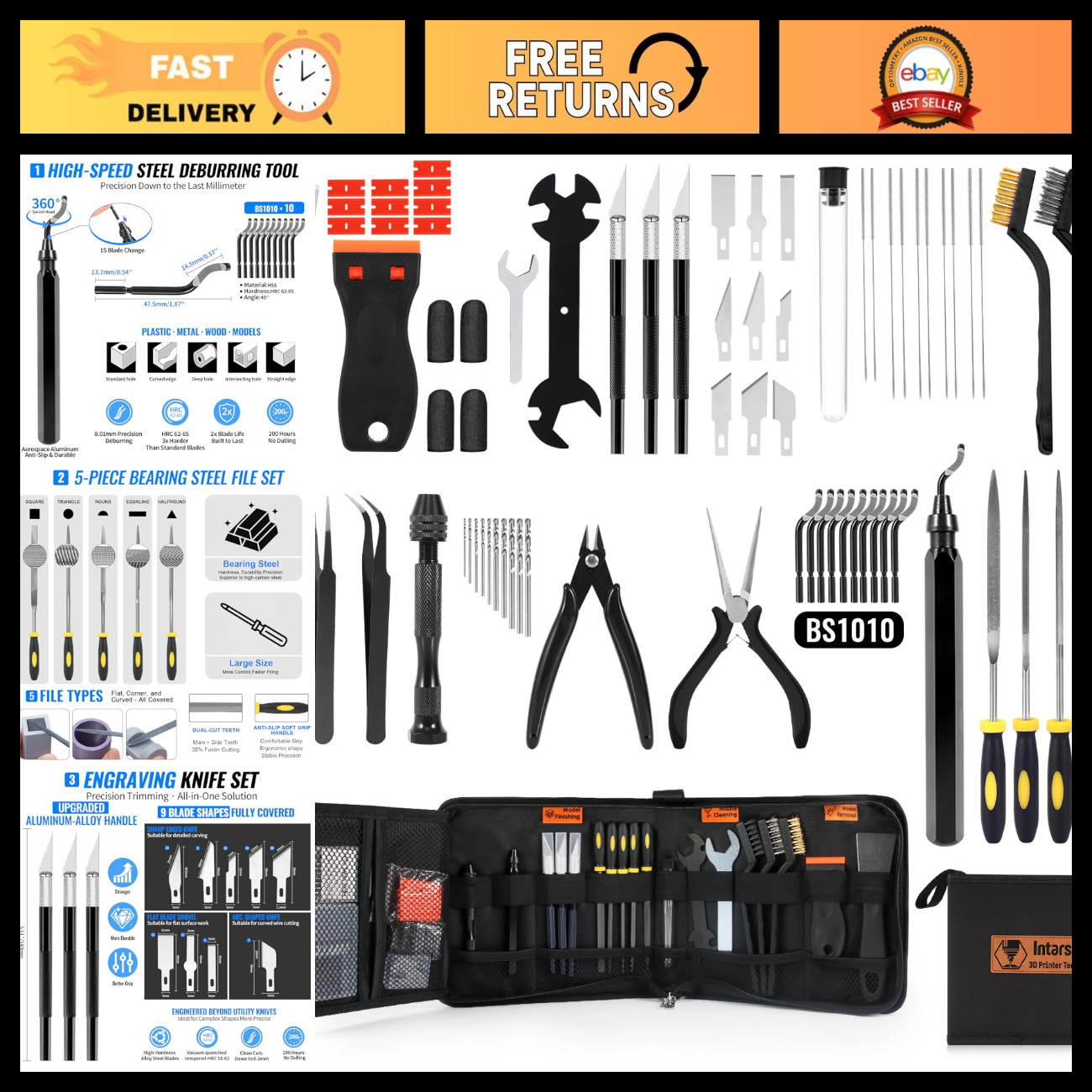 68Pcs 3D Printer Tool Kit with Case - Deburring, Scrapers, Files, Brushes, Tweez