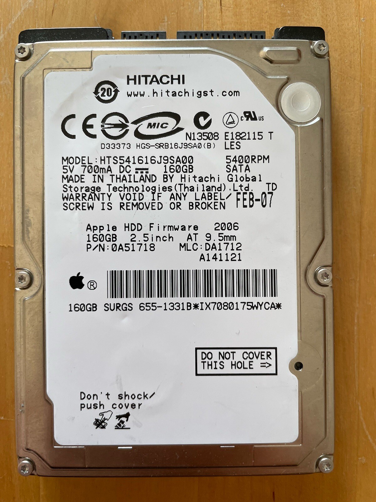Apple HTS541616J9SA00 Hitachi Travelstar 5K160 160GB 5400RPM SATA 1.5Gbps 8M