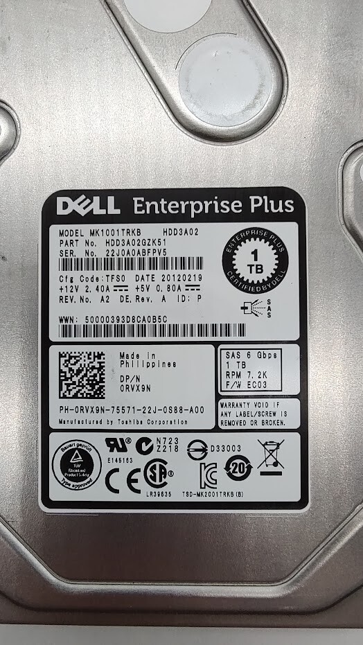 Dell 0RVX9N 1MK1001TRKB 1 TB SAS 6 Gbps RPM 7.2K  3.5 " Hard Drive