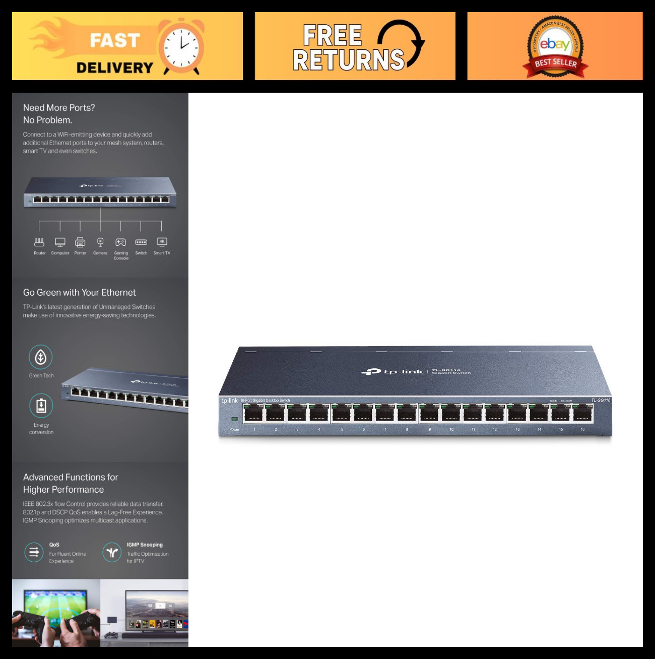 16-Port Gigabit Unmanaged Ethernet Switch, High-Speed Network Hub, Plug & Play