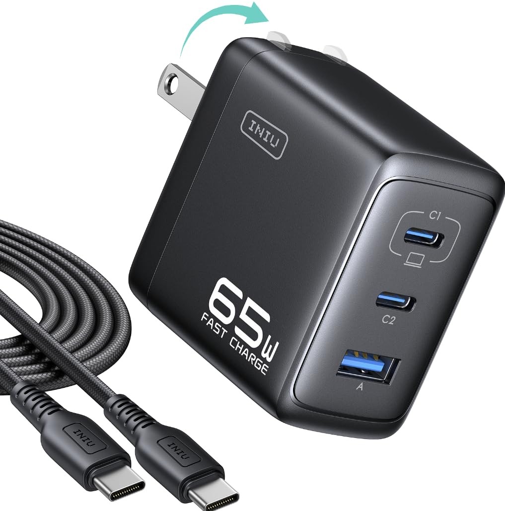 INIU 65W USB C Charger Block, 3-Port GaN Fast C*2+USB A, Black