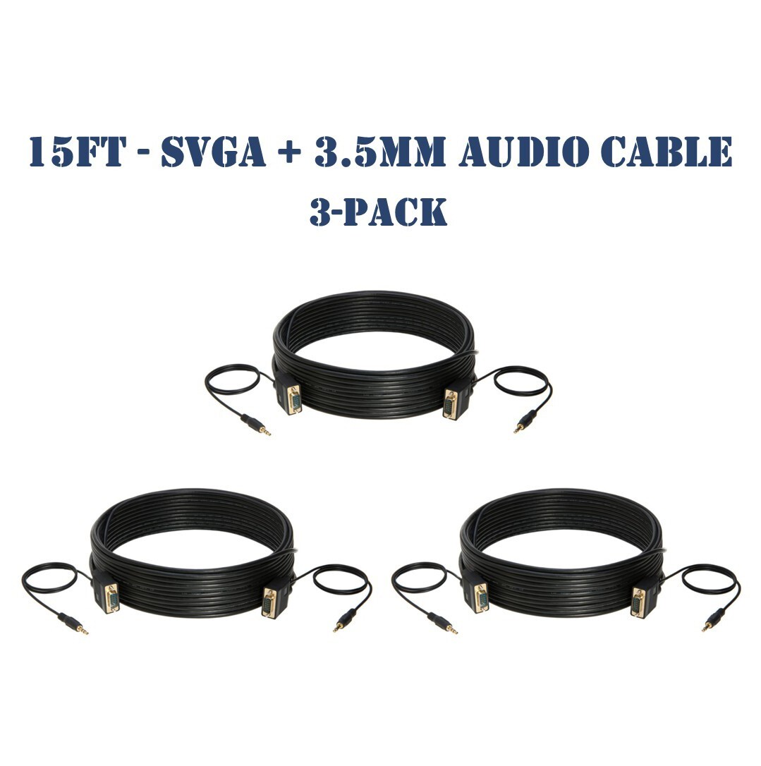 15FT SVGA Video Cable + 3.5mm Audio Aux Jack M/M PC Display Monitor Cord- 3-Pack