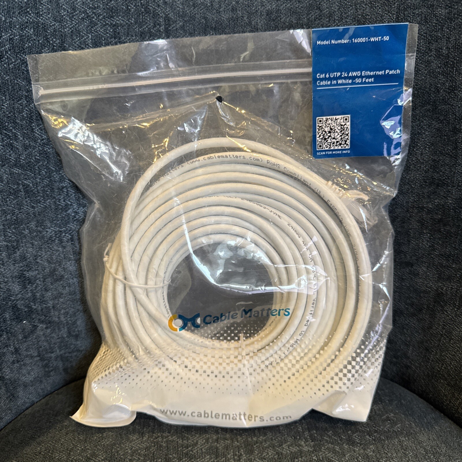 Cable Matters 160001-WHT-50 Cat 6 UTP 24 AWG Ethernet Patch Cable in White 50ft
